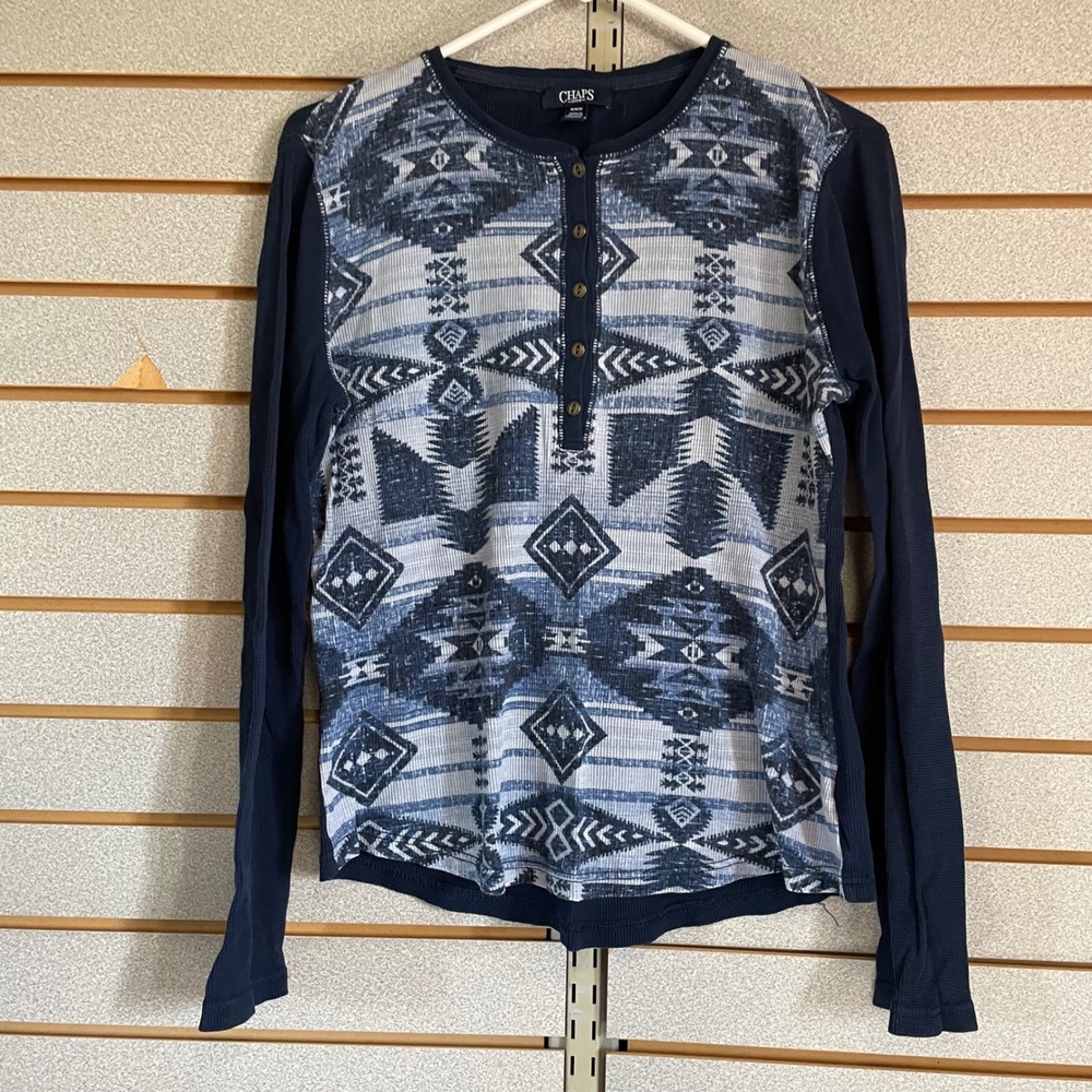 Chaps Denim Long Sleeve Henley Shirt Women's M Geometric Aztec Print Blue